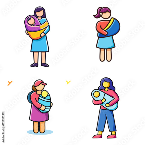 A woman carrying a baby on her back, wrapped in a colorful fabric. 