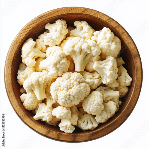Overhead view of a wood bowl filled with cut up cauliflower florets on a white background surface