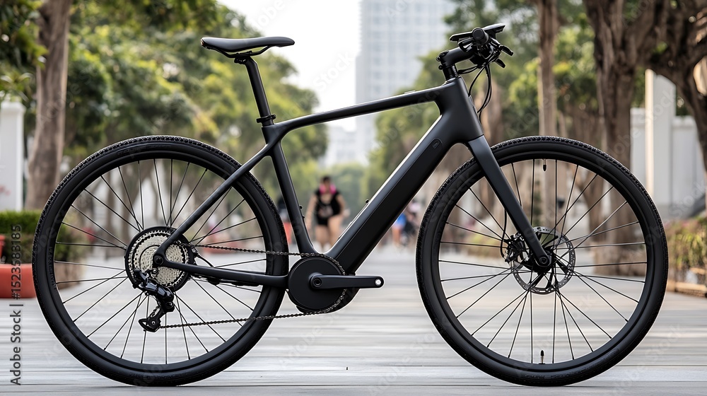 Fototapeta premium Sleek Black Electric Bicycle Parked on a City Sidewalk with Trees and Buildings