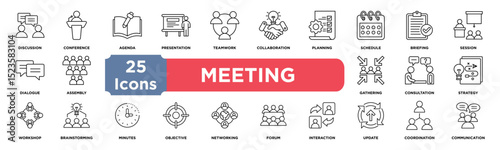 meeting icon collection set. Containing discussion,conference,agenda,presentation,teamwork,collaboration,planning,schedule,briefing,session icon. Simple line vector.	