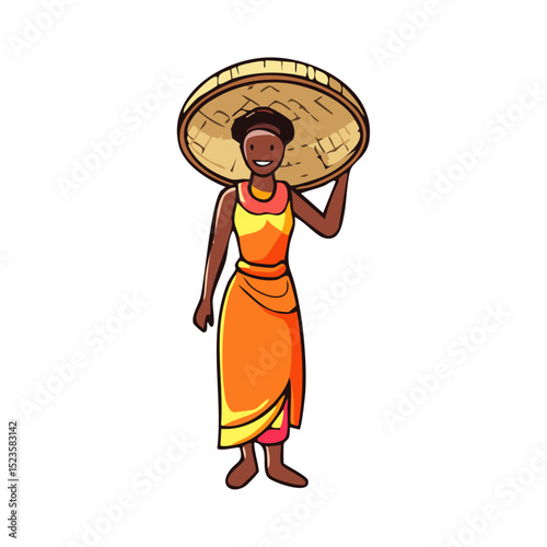 A woman carrying a woven basket on her head, dressed in a flowing African print dress. 