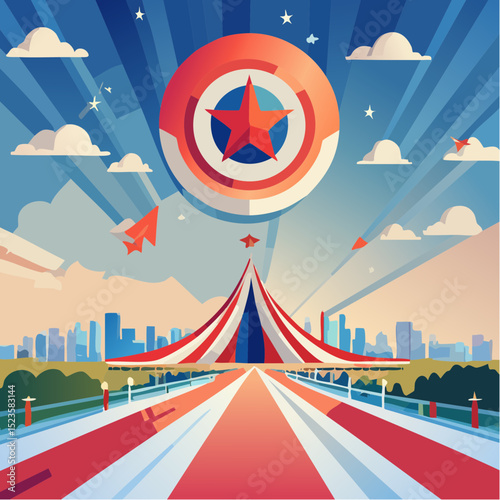 A stylized patriotic illustration featuring a circus tent, shield emblem, and cityscape evoking a sense of celebration and national pride.