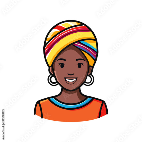 A woman wearing a vibrant headwrap (gele) and a dress with African prints. 
