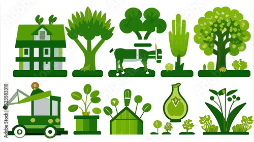 Green Landscape Icons Showcase Eco Friendly Living With Houses Plants And Equipment Visuals