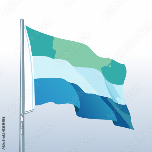 An illustrated depiction of the Gay Men's Pride flag waving in the wind against a light blue gradient background, symbolizing identity and community.