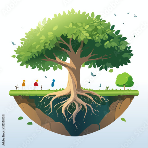 An illustration of a vibrant tree with exposed roots on a floating island, with small figures tending to the grass and other plants, in a flat design.