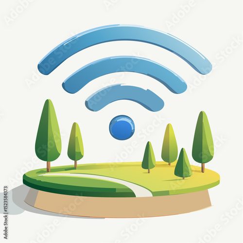 An illustrative image depicting a Wi-Fi symbol above a small island with trees and a path, representing connectivity in a natural setting.