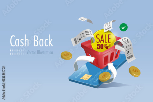 Credit card with sale 50% in shopping basket and cashback arrow sign. Bonus and money reward for online shopping, financial marketing. 3D vector.