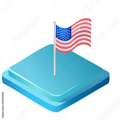 Isometric illustration of the American flag waving on a blue platform with gradient effects and a white background, patriotic concept.