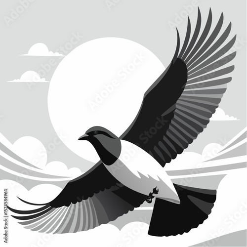 Vector illustration of a bird in flight against a backdrop of clouds and a large circular sun, featuring black and white avian design.
