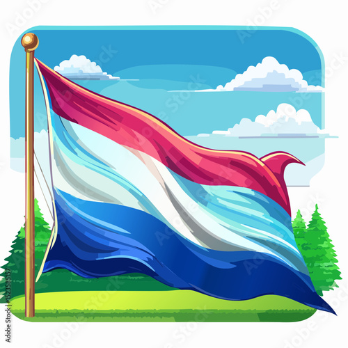 Vibrant illustration of the Dutch flag waving in the wind against a bright blue sky with fluffy white clouds and green grass, conveying national pride.