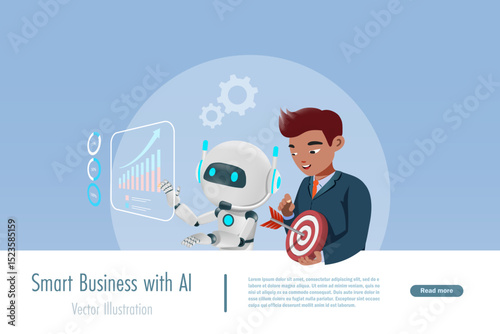 Businessman ask AI robot to develop growth of business target marketing. Smart business working with artificial intelligence technology in analyzing business data research and develop success solution