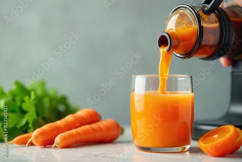Freshly juiced carrots, vibrant orange liquid pouring from a juicer into a glass, healthy lifestyle concept , food, vegetable