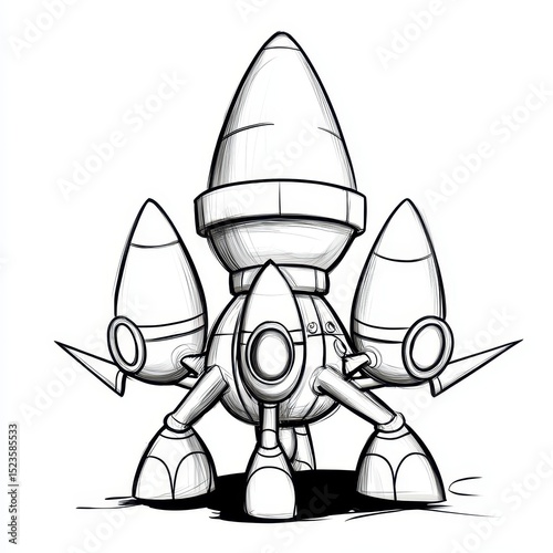 Black and white ink drawing of a three pronged rocket like robot, detailed illustration with hatched shading