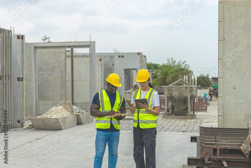 Two civil engineers from different cultures and ethnicities working together in a precast factory. Workers using tablet and walkie talkie in a factory production system. Gender in a factory