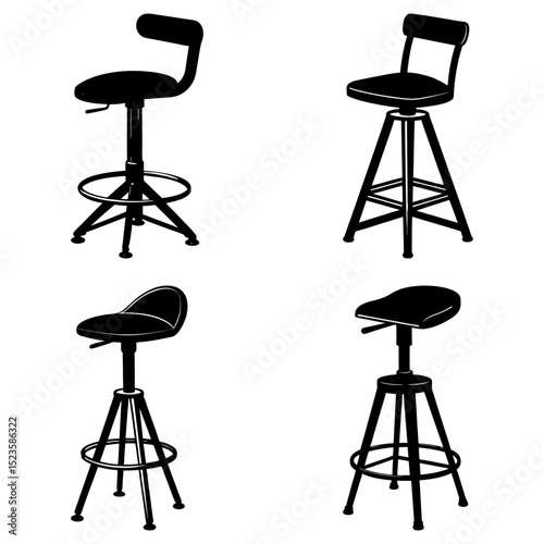Illustration showcasing four different styles of black swivel chairs on a white background design art