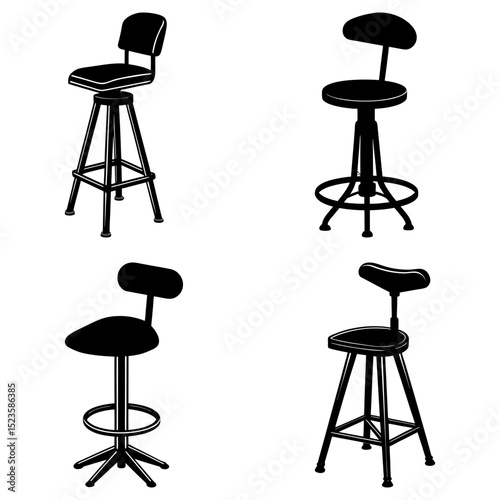 Illustration showing four different styles of black bar stools with backrests on a white background