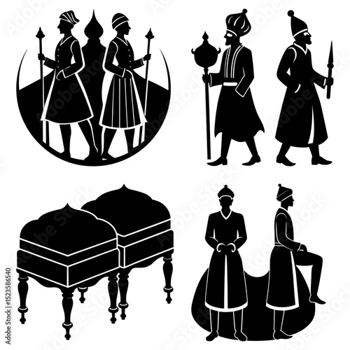 Silhouettes of royal guards and furniture in traditional middle eastern style design elements