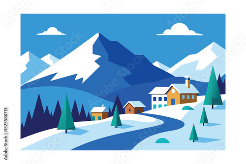 Serene Winter Mountain Village A Snowy Landscape Illustration