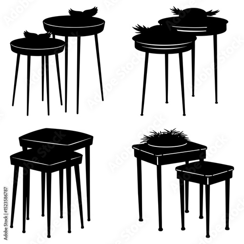 Silhouette illustration of four sets of nesting tables with various items on top of them