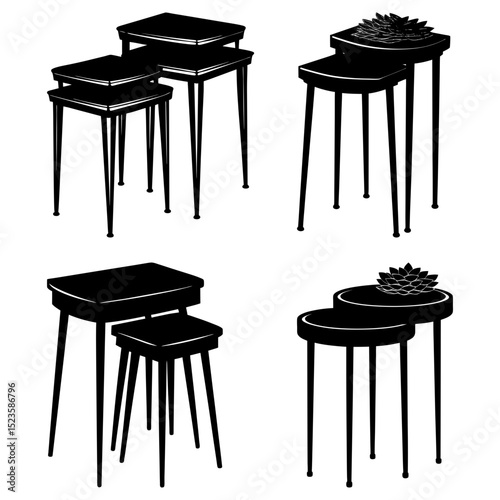Silhouette illustration of four sets of nesting tables with varying shapes and arrangements shown