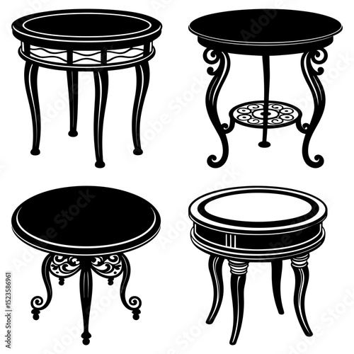Four black and white round tables with decorative legs and different designs in a vector format