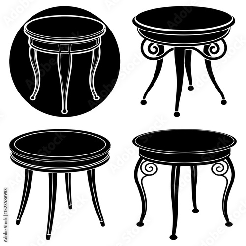 Four black and white round tables with different leg designs in a graphic illustration style image