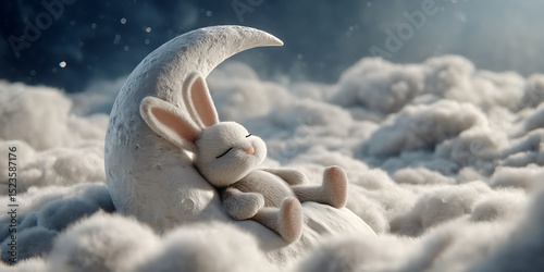 Crescent Moon Bunny Dreamy Nighttime Scene Peaceful Cloudscape Soft Plush Rabbit