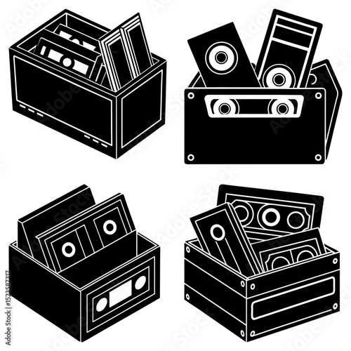 Collection of four boxes filled with cassette tapes and vhs tapes in black and white style