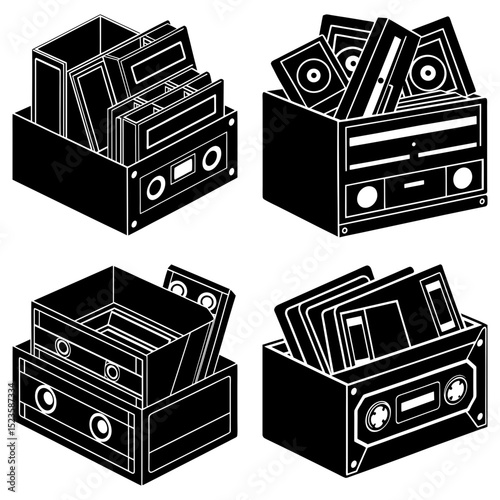 Illustration of four black boxes filled with audio cassettes and a cd player in a simple style photo
