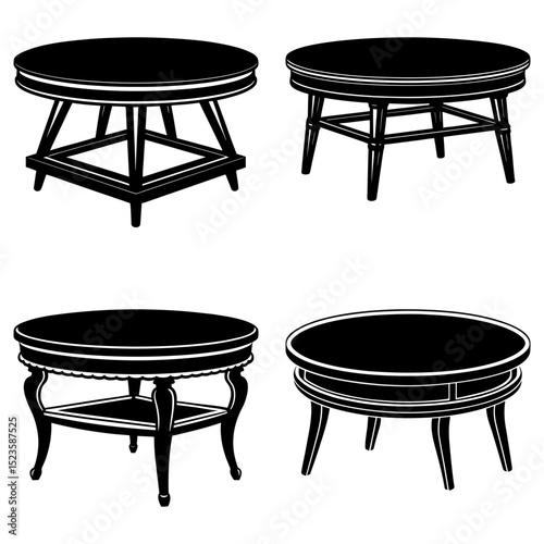Four round coffee tables with different leg styles displayed in a black and white vector illustration