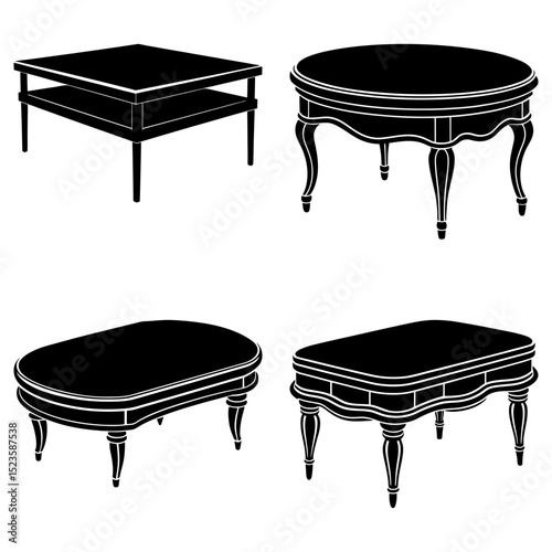 Illustration showing four different styles of coffee tables with varying shapes and leg designs in black and white