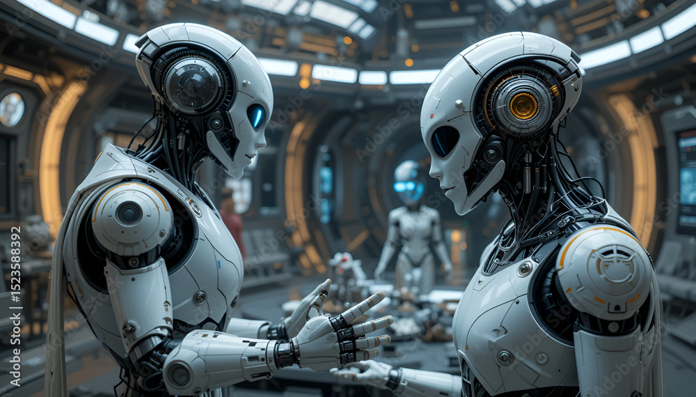 Fototapeta premium A humanoid robot extends a hand toward an alien emissary inside a high-tech diplomacy chamber. 