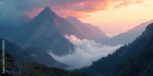 Misty mountain peaks shrouded in a smoky haze, creating an ethereal and mysterious landscape Sunlight filters through the clouds, illuminating the rugged terrain , white, mist