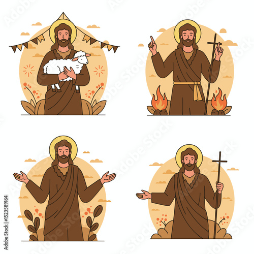 Saint John the Baptist illustrations depicting religious figures and christian symbolism in vector art - Festa Junina, June Festival