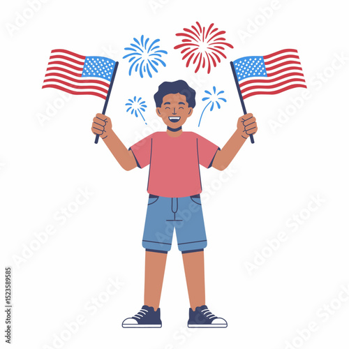 Man celebrating Independence Day with American Flags