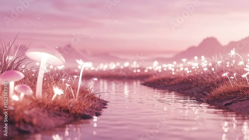 Dreamy landscape with pink mushrooms and glowing flowers by the river  