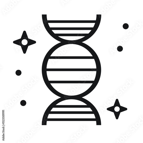 Icon of a DNA strand with sparkles. Symbolizes genetics, heredity, biotechnology, and scientific discovery. Simple line art vector illustration for medical themes.