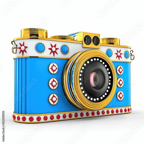 Blue and gold vintage camera with jeweled accents, isolated on white background. Retro design, detailed lens, and ornate gold trim