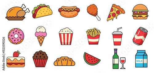 Bundle of Mouthwatering Fast Food Staples Like Doughnuts, Croissants, Fried Chicken, Hot Dog, Taco and more