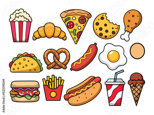 Bundle of Mouthwatering Fast Food Staples Like Doughnuts, Croissants, Fried Chicken, Hot Dog, Taco and more