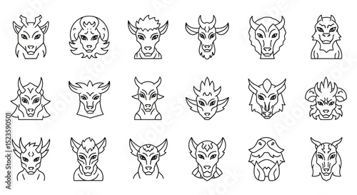 Collection of 20 Line Art Mythical Creature Heads  Vector Illustrations