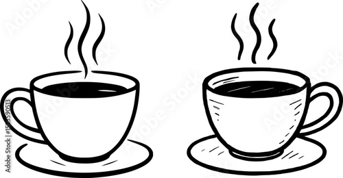 Elegant black-and-white line art illustration featuring two steaming coffee cups on matching saucers. The minimalist sketch captures the warmth and comfort of a freshly brewed hot beverage