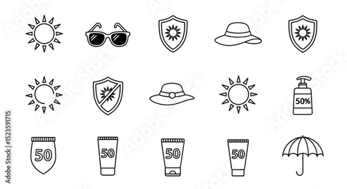Sun Protection Icons Sunglasses, Hats, Sunscreen, and SPF 50