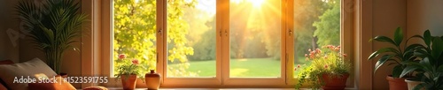 Sunlight streams through a wide-open window, illuminating a vibrant summer scene outside Perfect for themes of warmth, relaxation, and the beauty of summer days , sunlight, airy