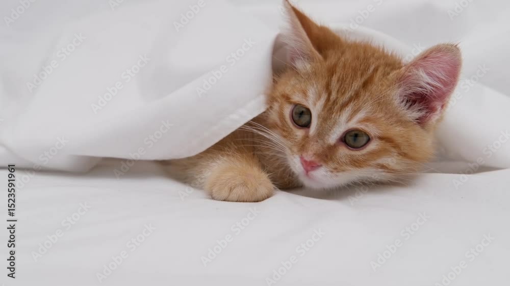 little ginger kitten playing on white sheet little ginger kitten playing on white sheet
