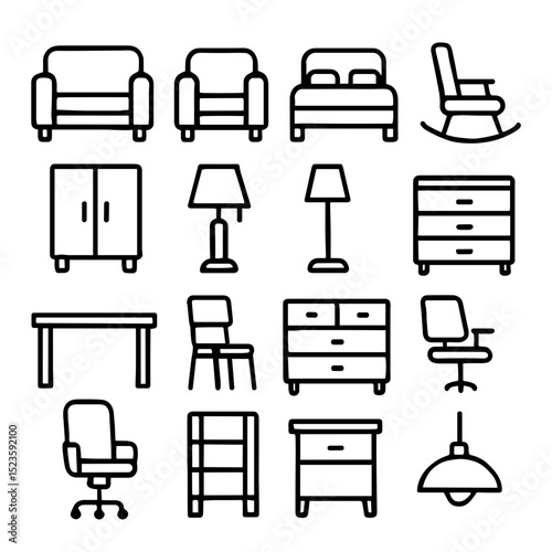 Simple Outline Furniture Interior Design Minimalist Style Icon Set