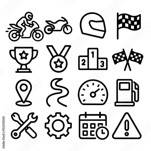 Simple Outline Racing Motorbike Icon Set with Achievement and Competition Element