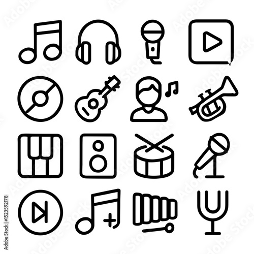 Minimalist Handdrawn Music Instrument and Audio Equipment Icon Set Collection