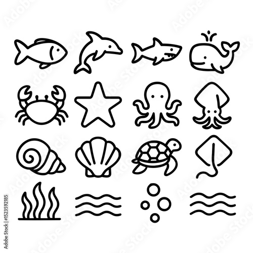 Line Style Simple Marine Life Icon Set Collection Sea Animals